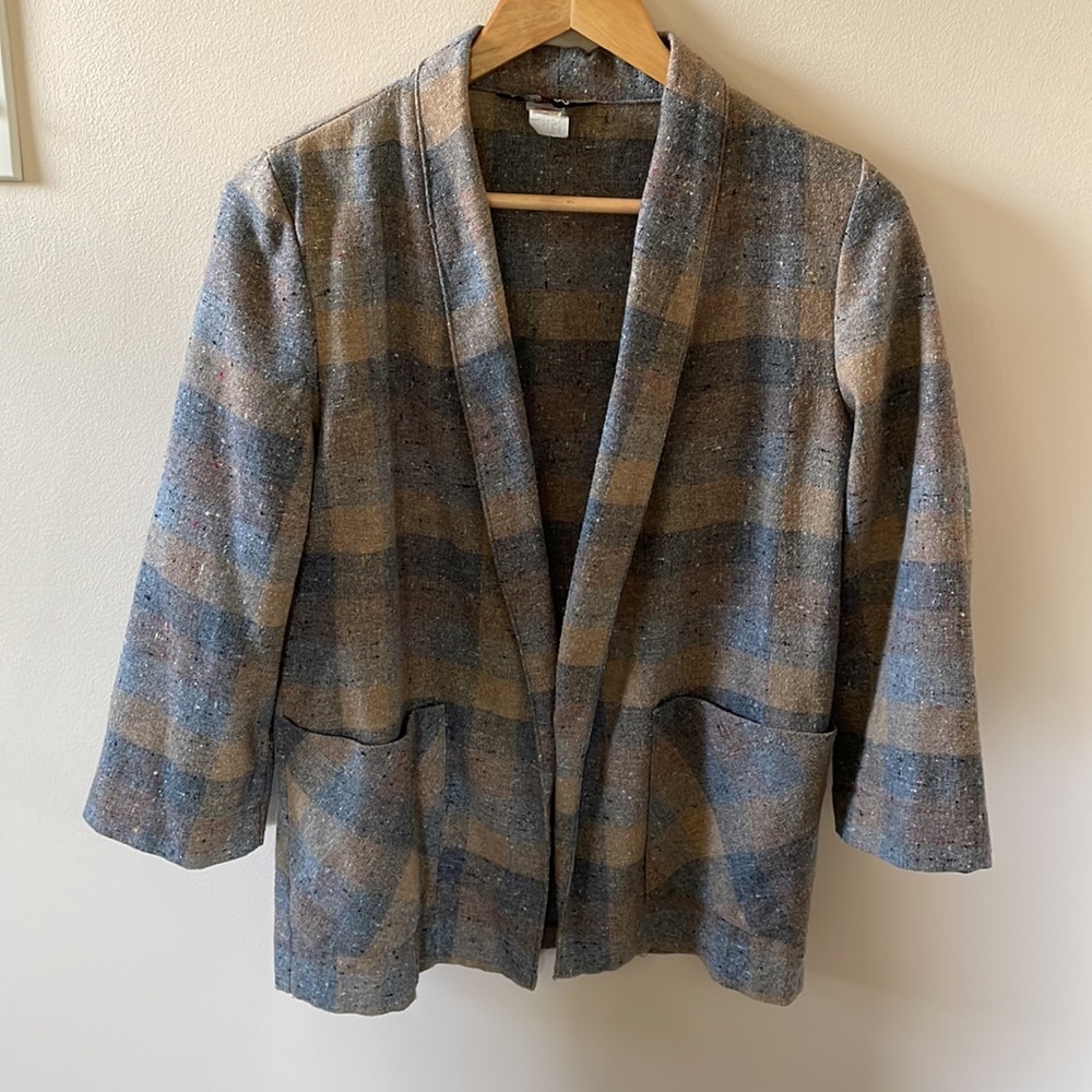 Vintage wool cropped sleeve plaid blazer